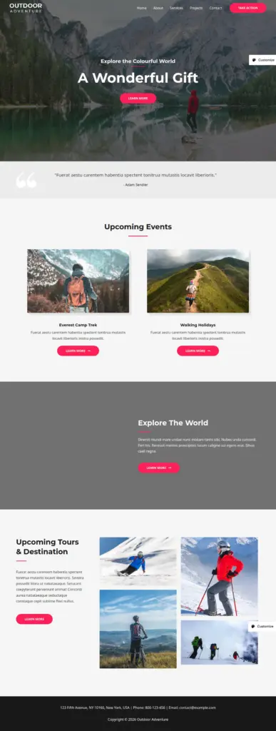奇幻户外探险 - 旅游酒店服务 Elementor外贸独立站模板完整页面预览