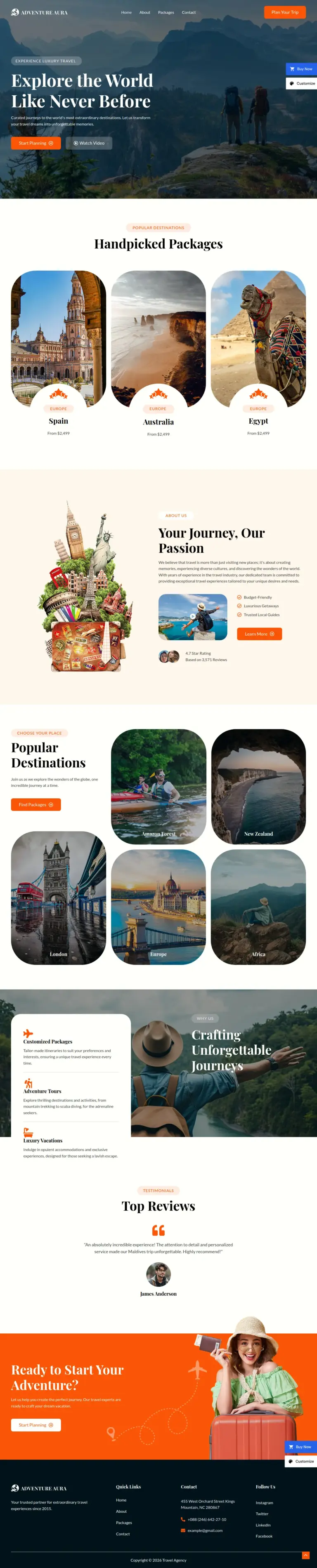 旅游体验门户 - 旅游酒店服务 Elementor外贸独立站模板完整页面预览